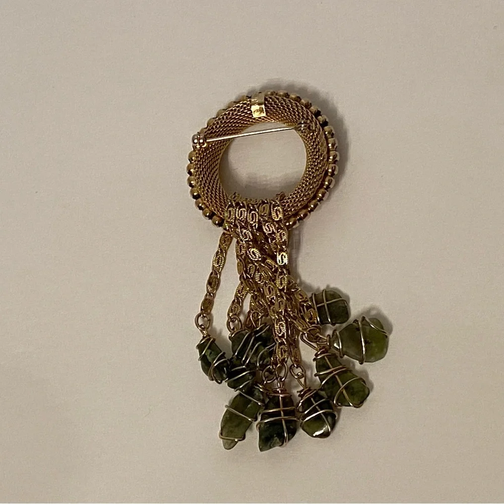 MARINO BROOCH PIN GOLD TONE MESH CIRCLE STRANDS GREEN WRAPPED GLASS DANGLES